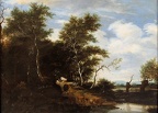 Jacob Salomonsz, van Ruysdael : "Lisière de Forêt avec deux bergers menant boire leur troupeau à l'abreuvoir".